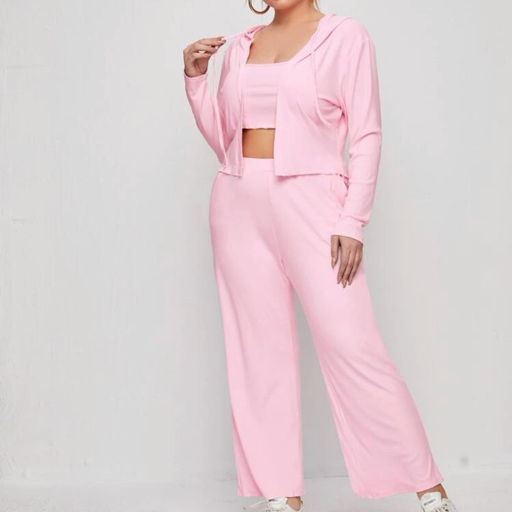 3 Piece - Solid Cami Top & Drawstring Hooded Jacket & Sweatpants